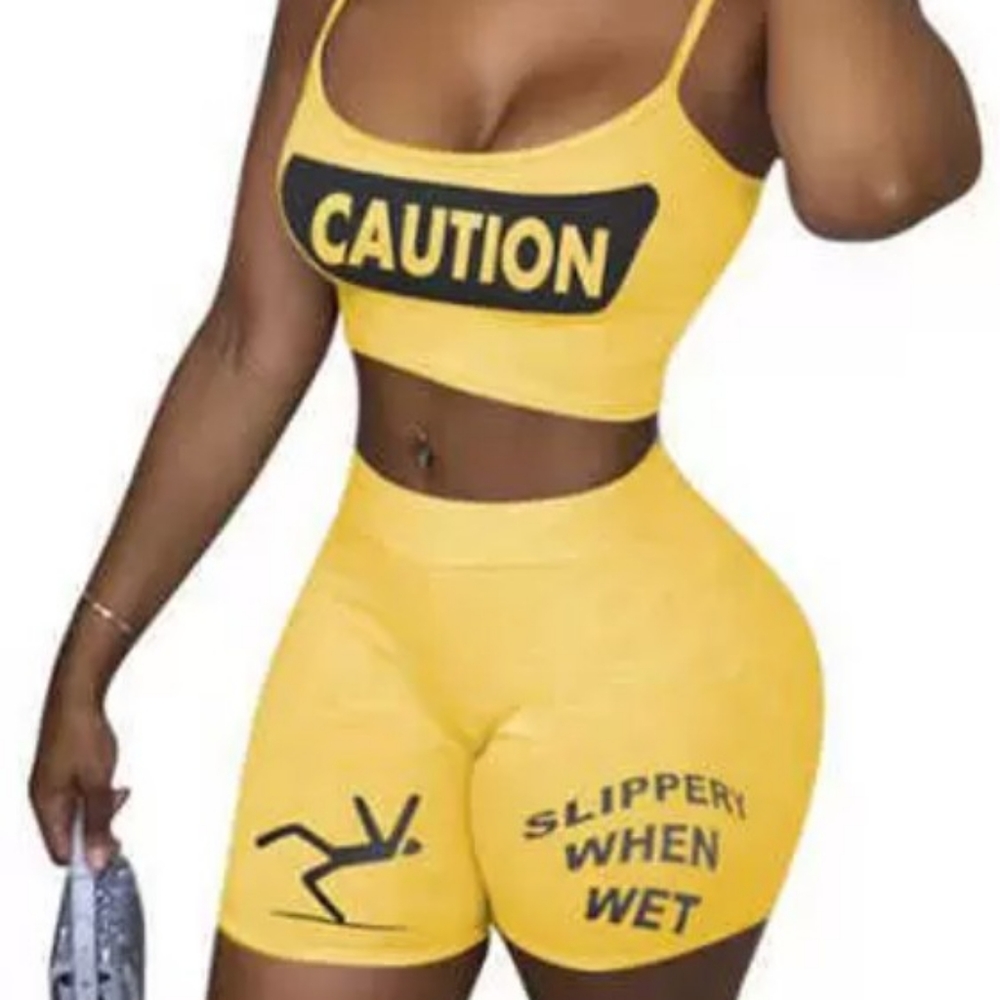 5/$25 2pc short set "caution slippery when wet"